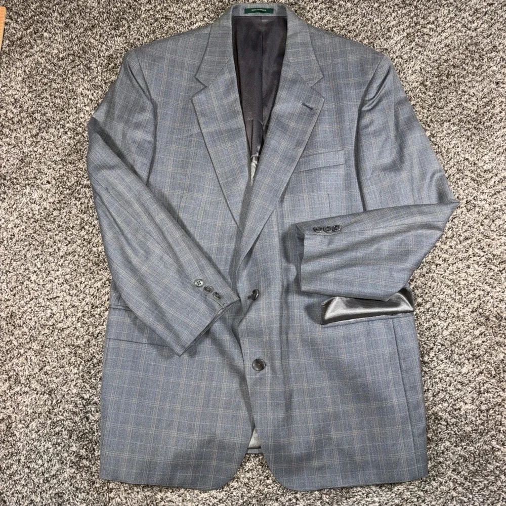 Palm Beach Vintage Blazer Mens 42R Grey Blue Silk Wool Plaid Sport Coat Notch